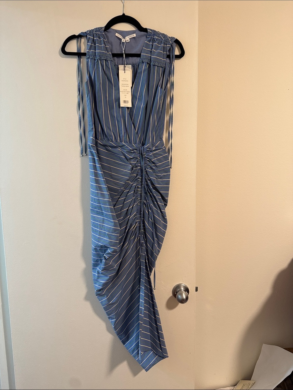 Veronica Beard Blue and White Striped Ruched Midi Dress